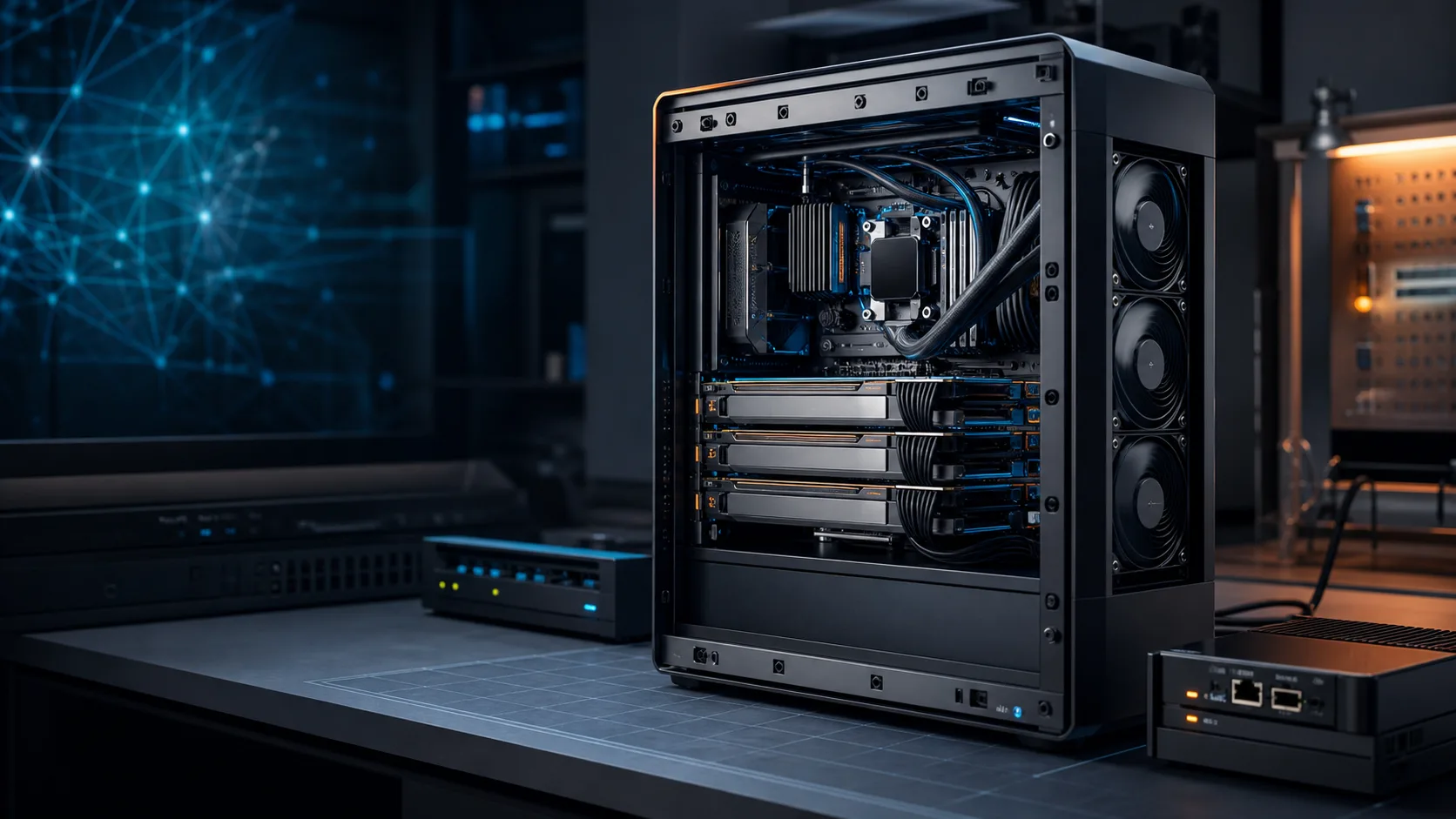 Rig personalizado para inteligencia artificial con GPUs y refrigeracion preparada